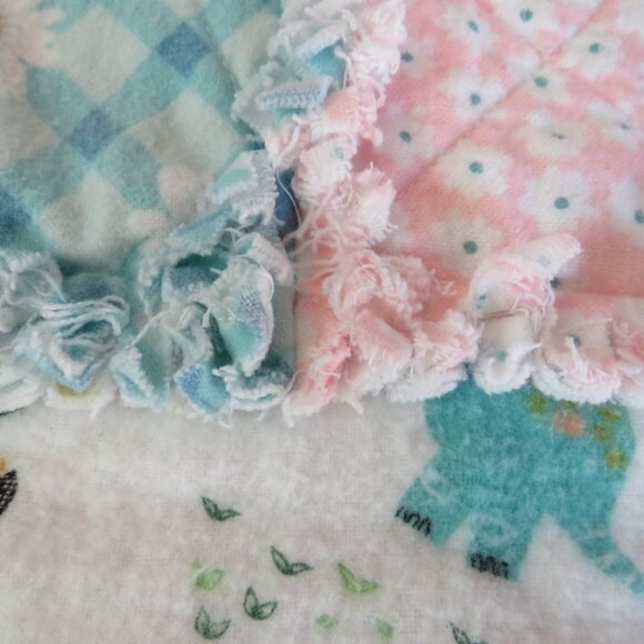 Flannel Rag Quilt 49 x 45 with Batting, Floral Dinosaur Scrappy Style Rag Quilt - Picture 4 of 11